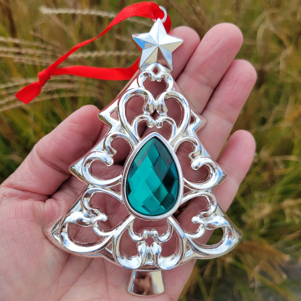Lenox Silver-tone Christmas Tree Ornament ~ Teal Embellishment ~ GUC ~ Pretty!